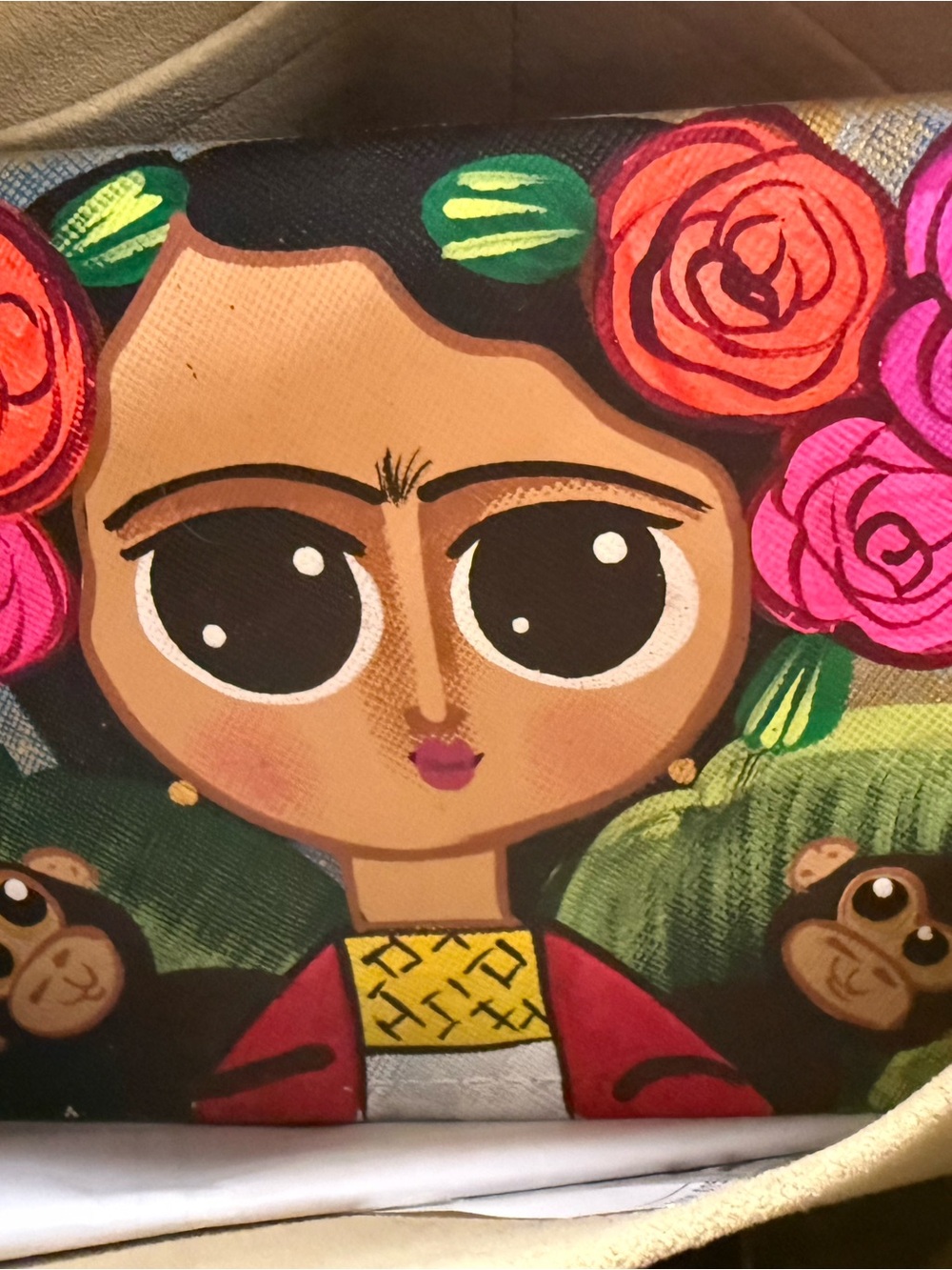 Frida Kahlo with Monkey Wallet Inspired Floral Portrait  - Pink and Green